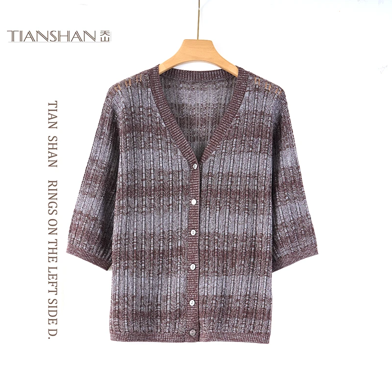 天山【100桑蚕丝】春季新款排扣开衫时尚百搭纯色针织衫--YKNL5535T