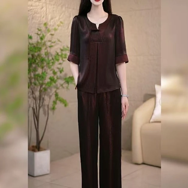 母亲节2025夏季新款中年妈妈装两件套女提花缎面短袖上衣直筒裤