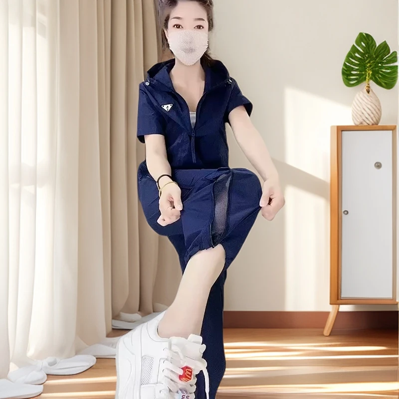 休闲夏装显瘦休闲运动套装束腿气质连帽半拉链减龄薄款洋气两件套