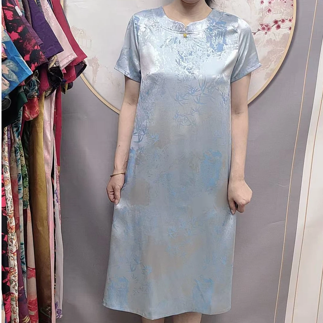 【蓝竹旗袍】2025夏季妈妈装气质短袖连衣裙洋气中老年女装宽松长裙