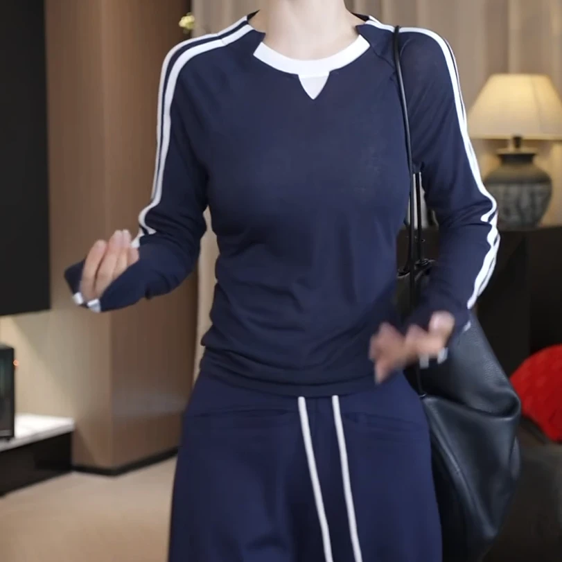 2025新极简质感撞色条纹拼接假两件T恤上衣C5766