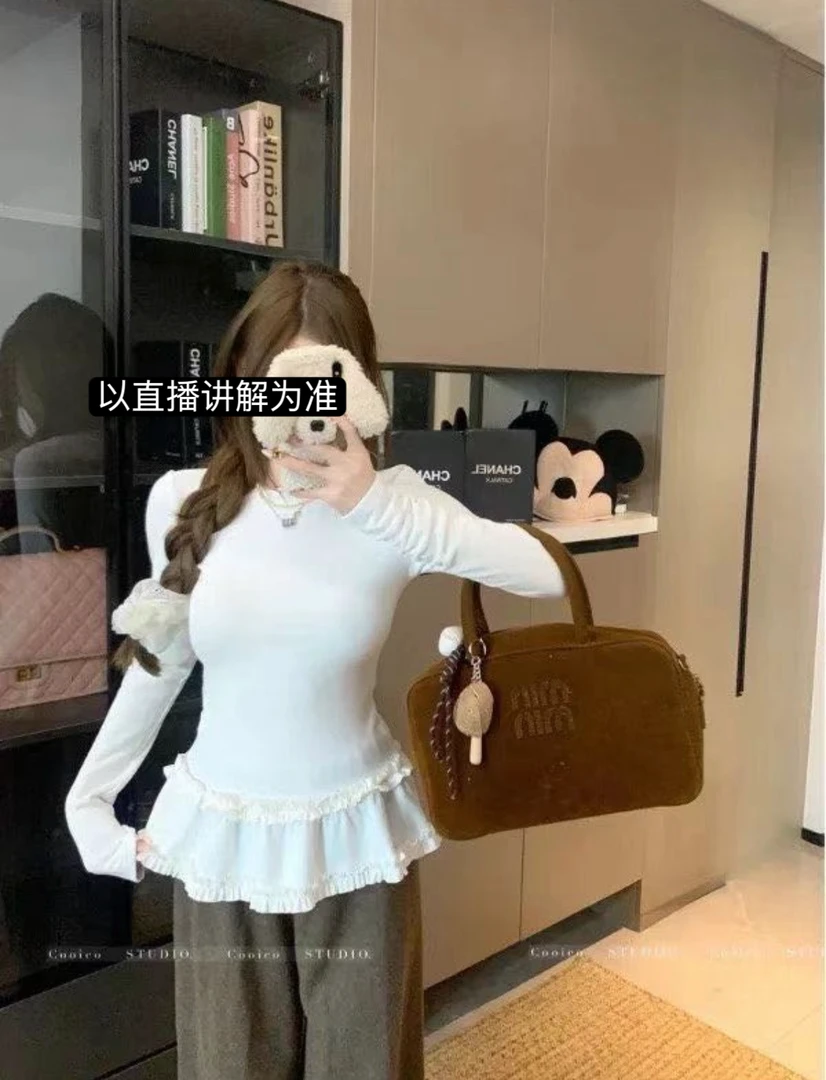 韩系荷叶摆修身百搭显瘦打底T恤