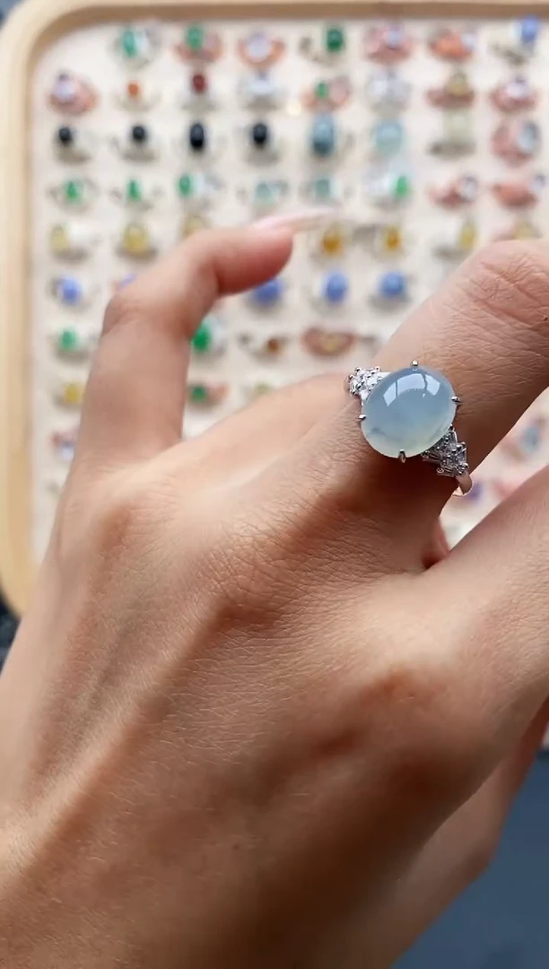 【闪购商品】翡翠戒指银S925镶嵌缅甸天然A货翡翠222  6+6