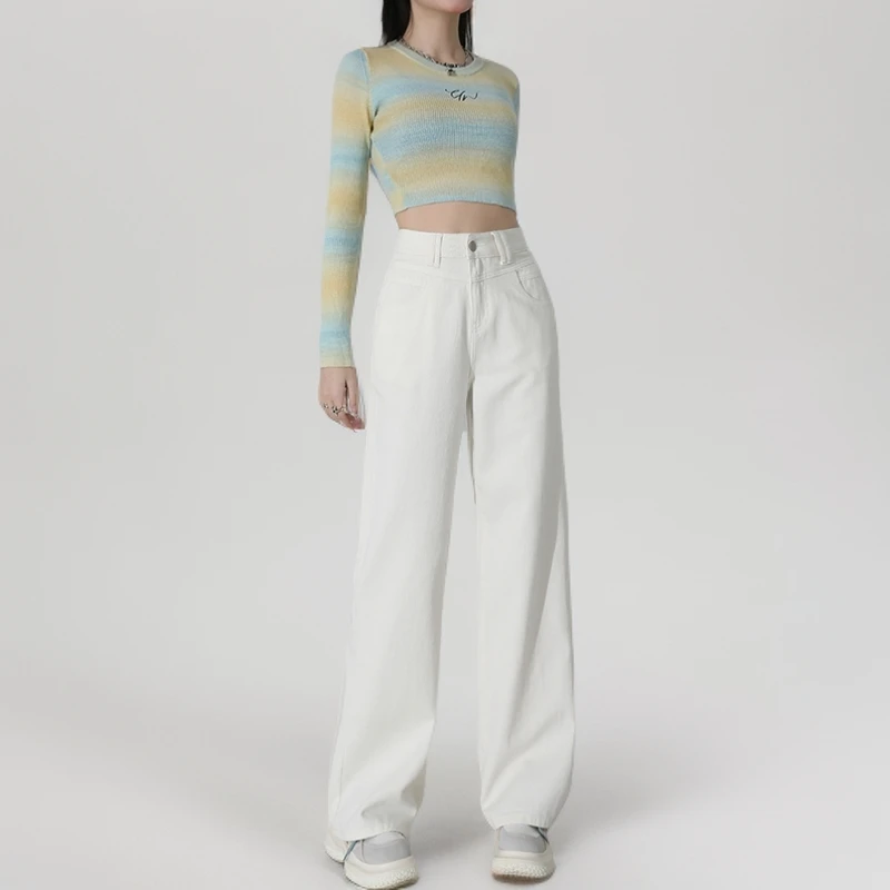 米白色高腰阔腿牛仔裤女早秋冬新款小个子梨形身材直筒拖地裤鐊睂
