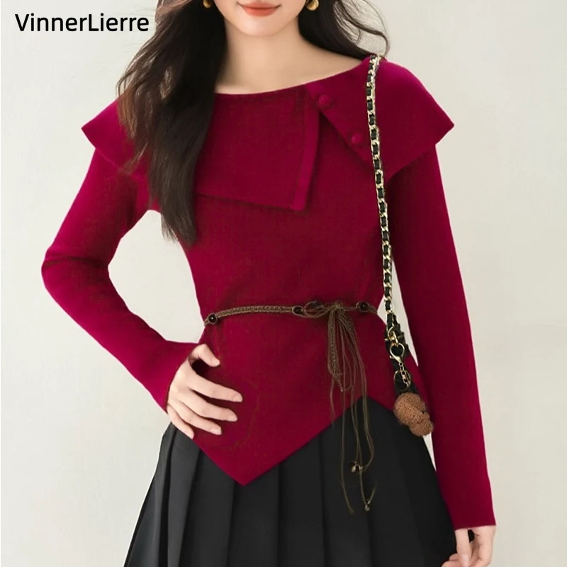 薇妮诺一字肩秋冬针织衫休闲性感显瘦红色法式收腰显瘦长袖上衣