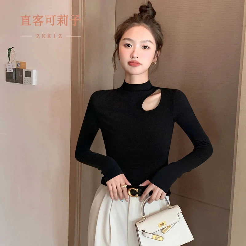 罗纹棉半高领黑色女士打底衫春秋冬季设计感小众镂空修身百搭女装
