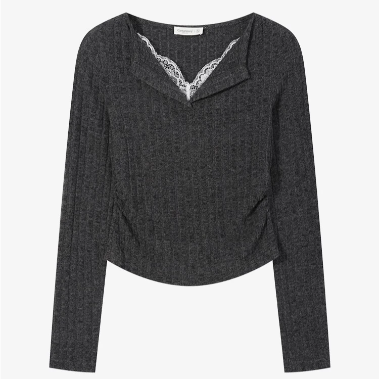 羊城故事-假两件蕾丝针织V领打底衫设计感修身甜辣上衣Y41247627