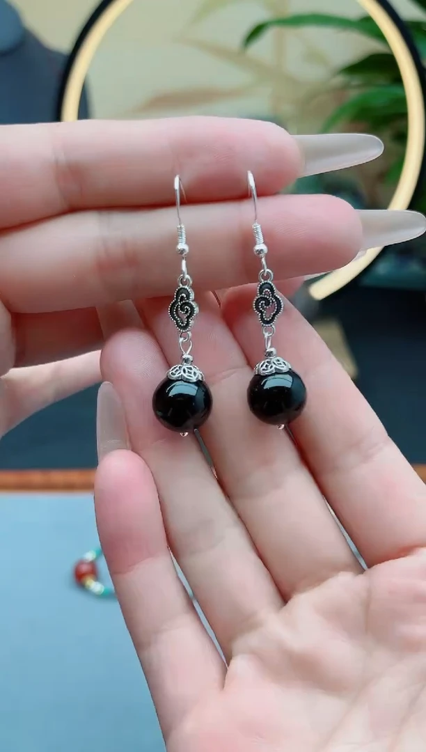 黑曜岩银S925镶嵌耳饰207