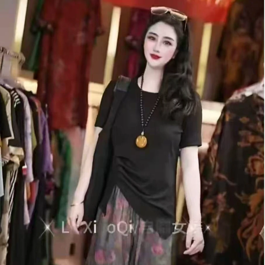 【LeiXiaoQi/雷小七】黑色短袖t恤百搭上衣显瘦时尚洋气女