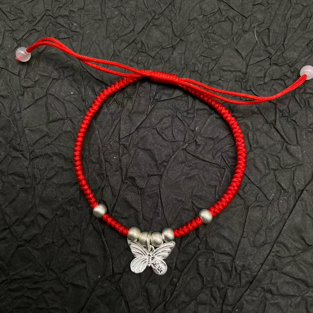 足银手链 a26diy蝶梦红绳足银可调节女手绳