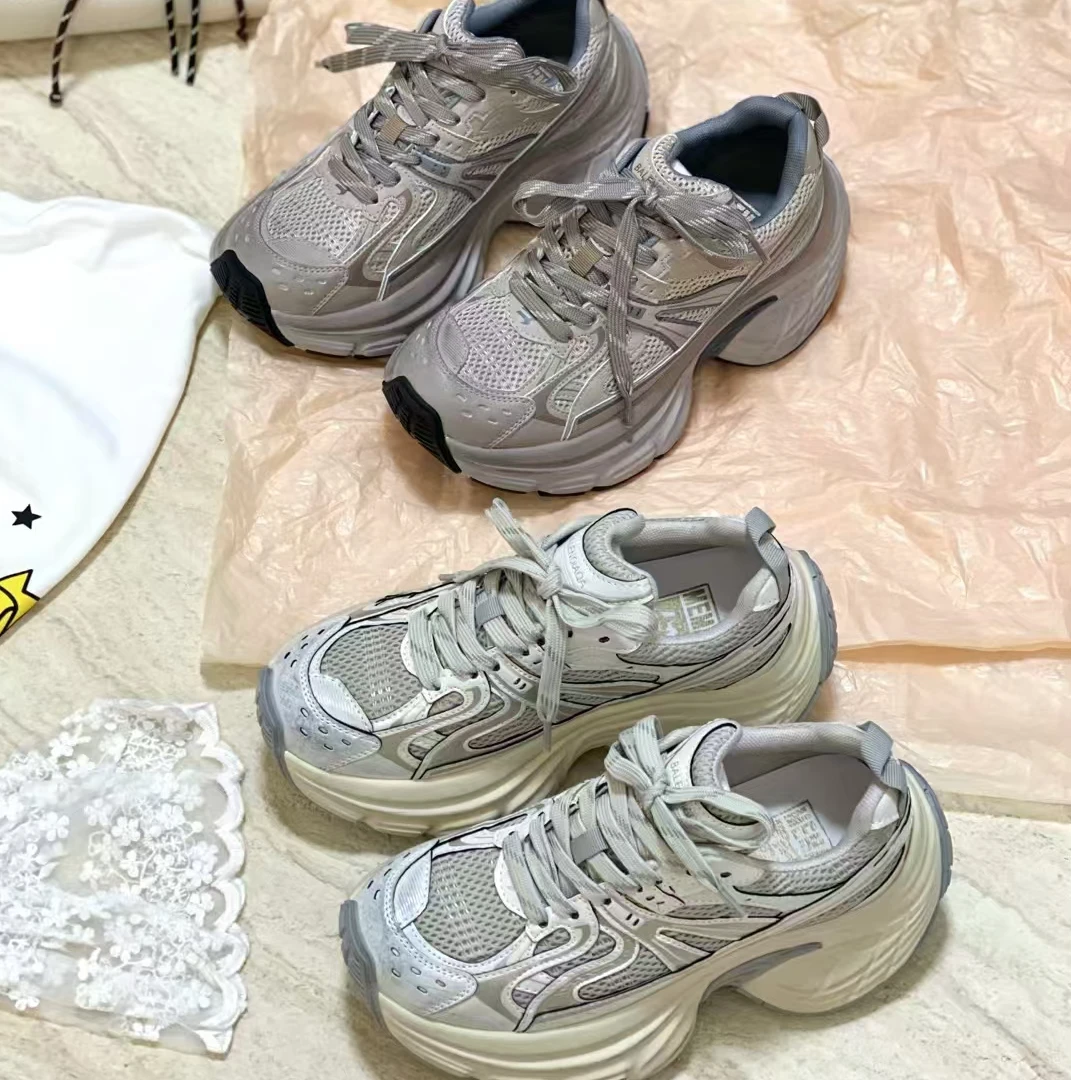 厚底增高老爹鞋女真皮网面透气休闲运动鞋小个子显高休闲老爹鞋