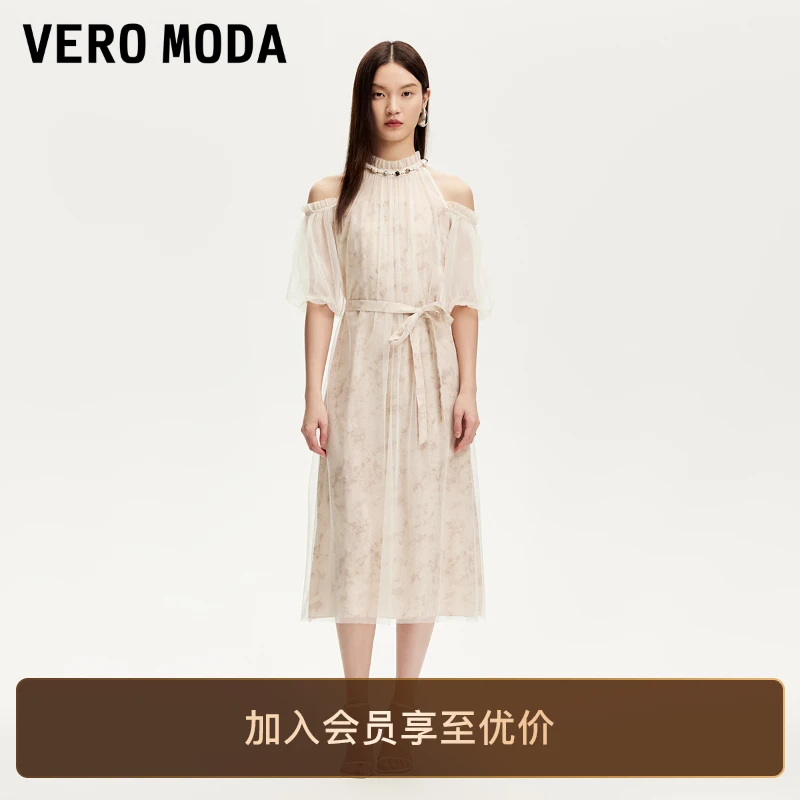 Vero Moda连衣裙2025新款露肩印花薄纱泡泡袖蕾丝纯欲慵懒风裙子