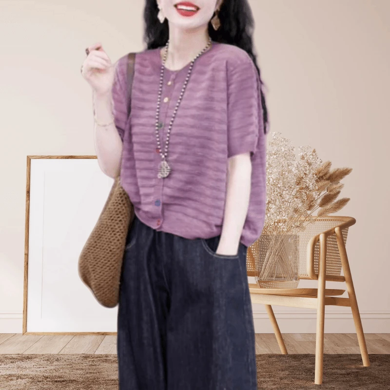 纯色彩色纽扣条纹小衫女夏洋气时尚气质减龄简约高级百搭短袖上衣