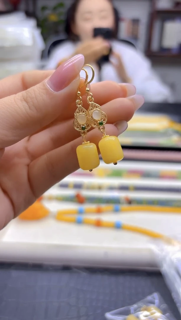 蜜蜡14K金镶嵌耳饰DIY款E956