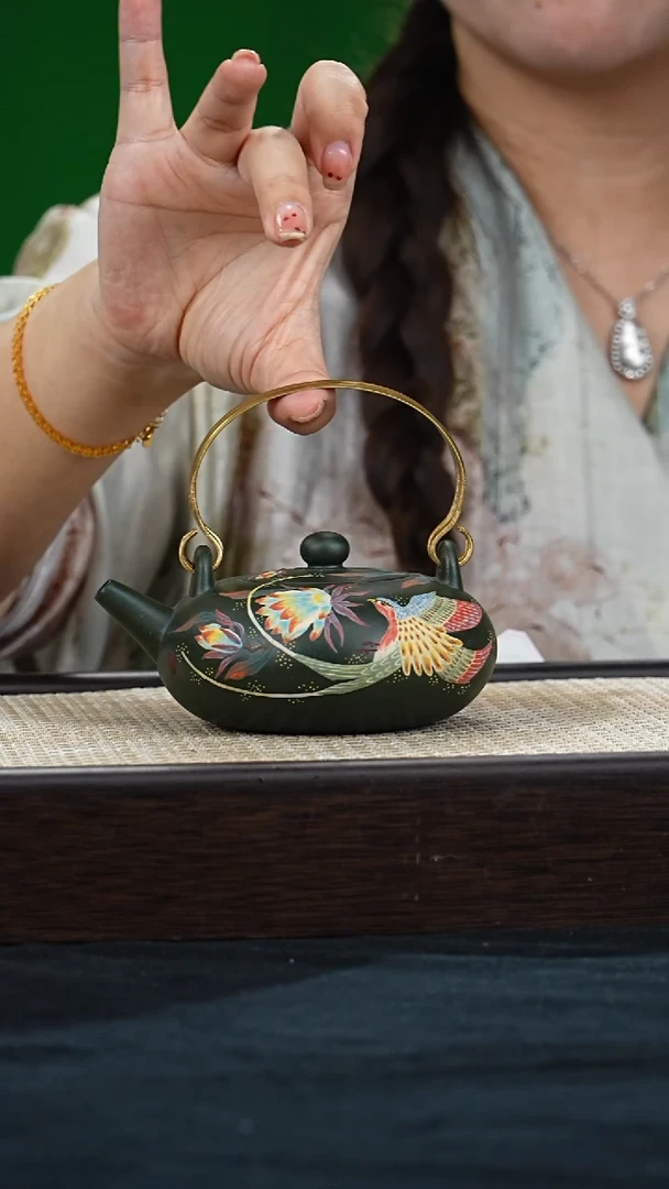 茶壶紫砂QMJ扁玉提梁 绿泥