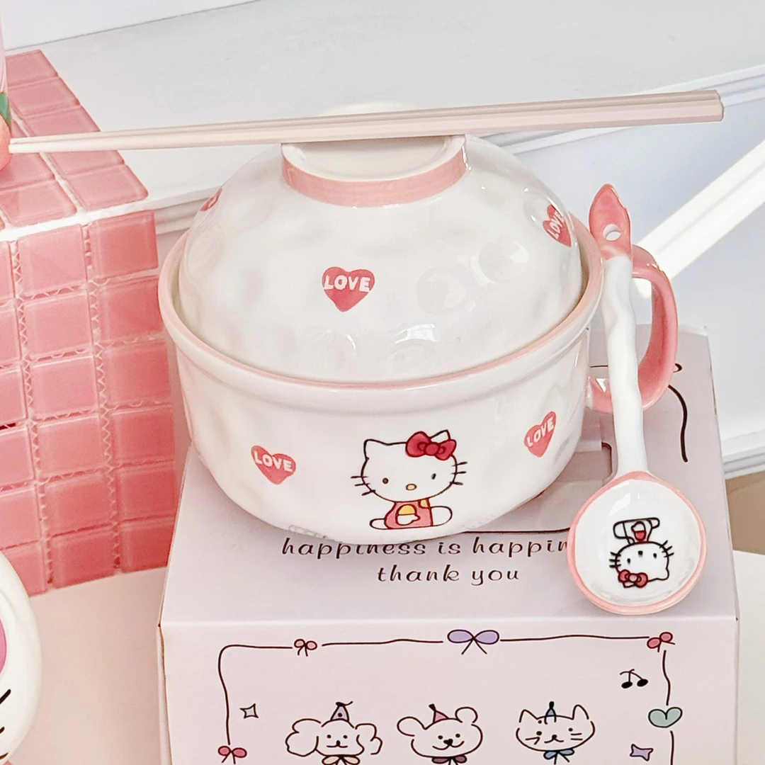 高颜值ins风kitty少女心可爱陶瓷釉下彩带盖泡面碗螺蛳粉碗好看