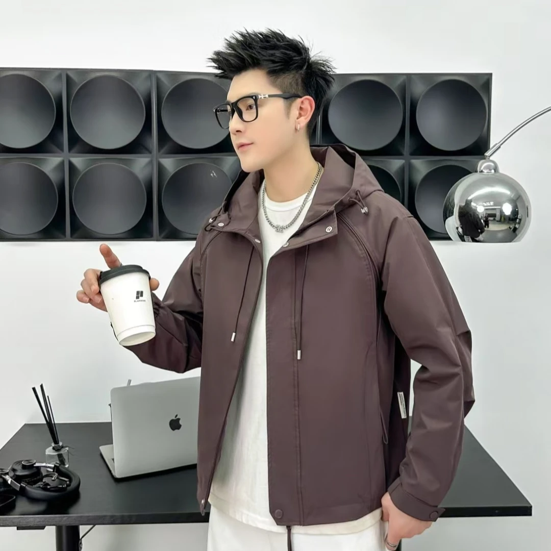 2025春秋冲锋衣男装秋季潮流防风绒面夹克宽松型运动纯色连帽春季