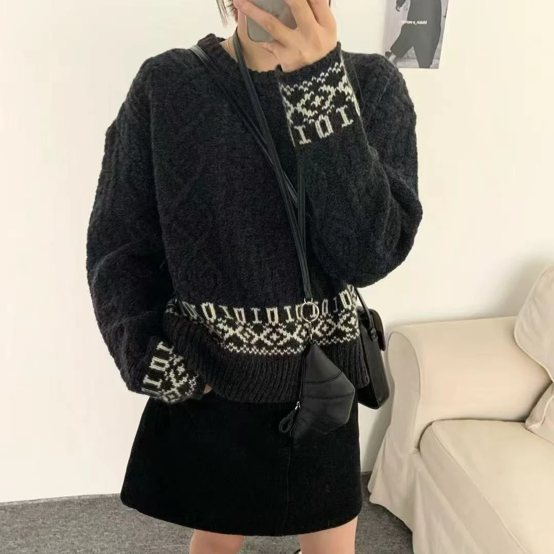 【酸甜】100%绵羊毛韩系东大门费尔岛复古麻花撞色针织套头毛衣