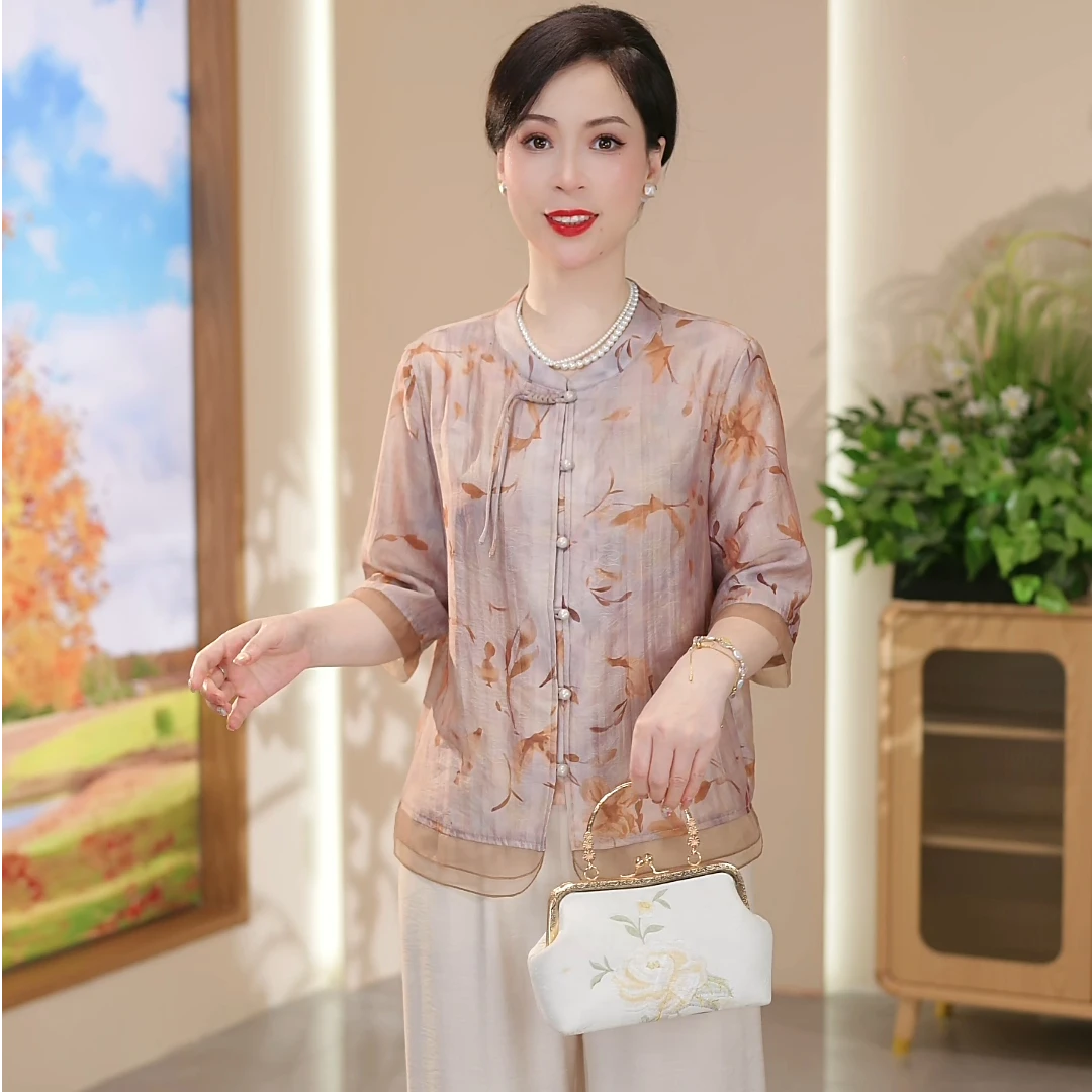 中年妈妈装春夏2025新款洋气七分袖中老年新中式大码衬衣上衣