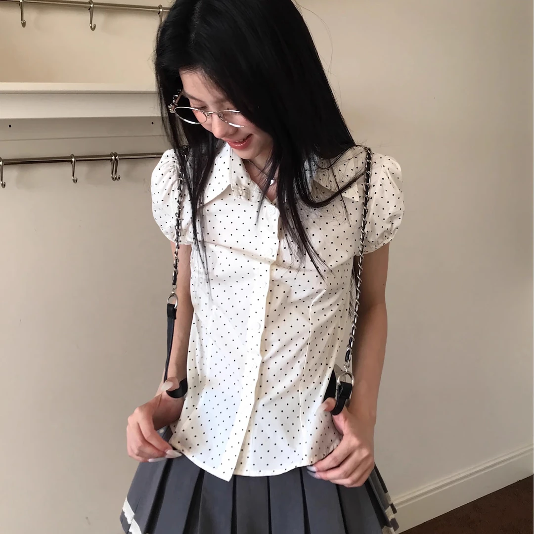 夏季甜美日漫少女木耳花边翻领显瘦波点百搭短袖衬衫上