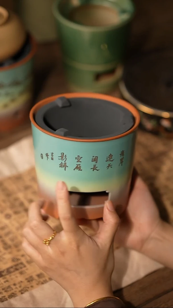 021窑变渐变绿山水诗纹炭炉内胆可拿