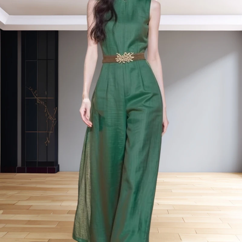 超好看高端精致新中式国风绿色连体裤子女2025夏季新款独特连衣裤