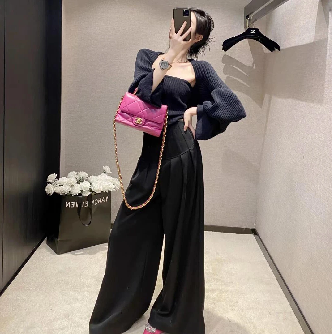 性感辣妹针织上衣两件套气质显瘦洋气抹胸坎肩时尚套装宽松长裤女