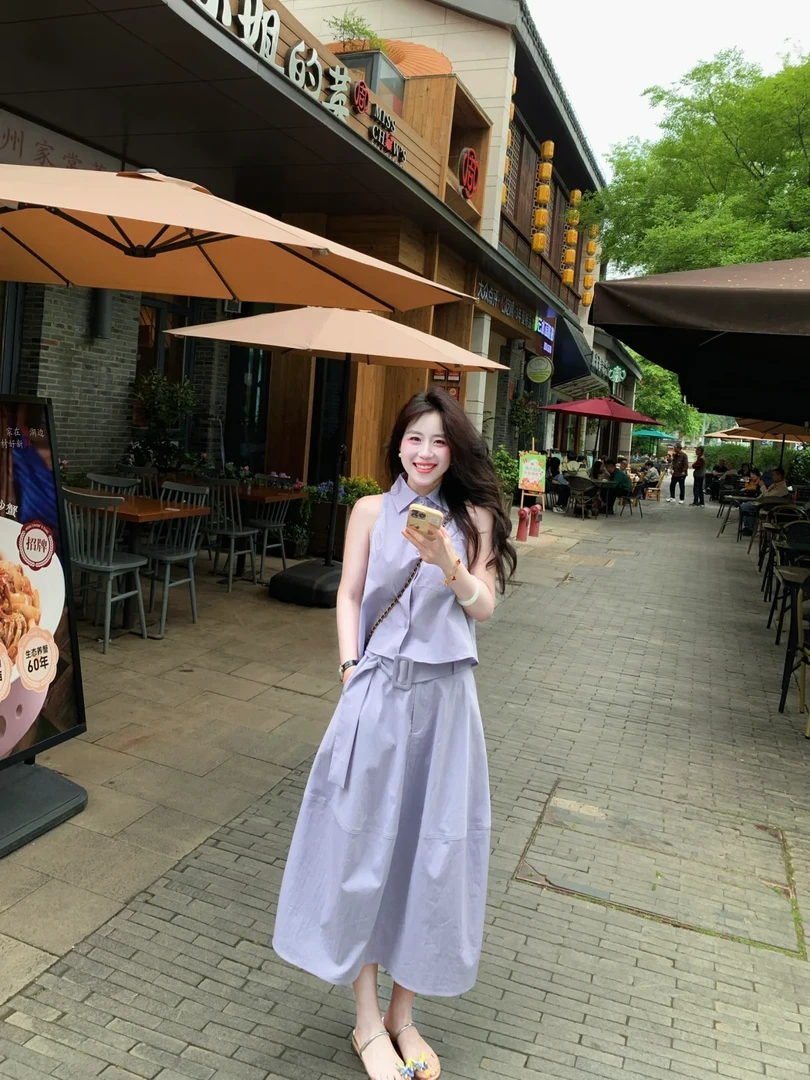 简约风绝美纯色无袖背心上衣女夏季百搭别致高腰显瘦a字长裙套装