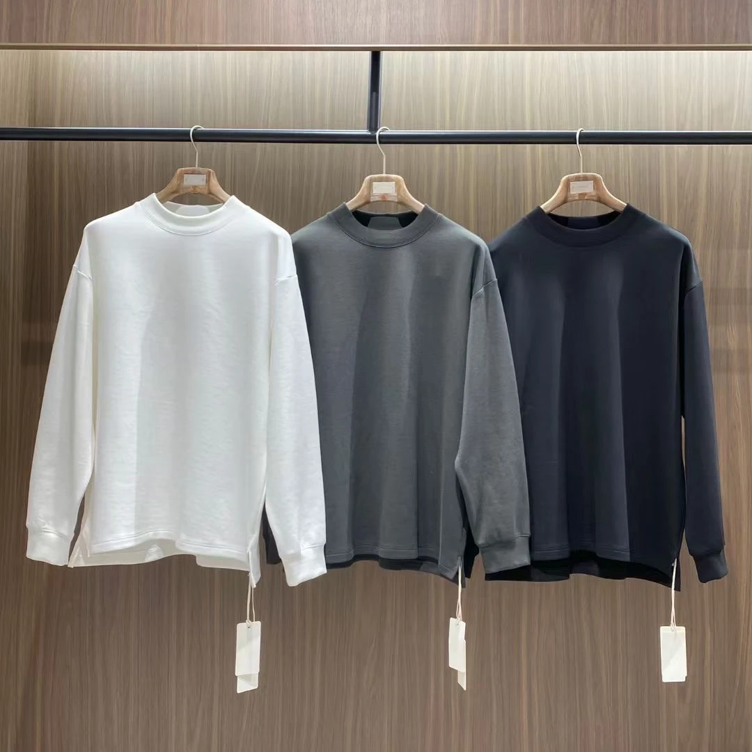 美式重磅加绒卫衣男秋冬季纯色加厚长袖t恤圆领宽松内搭打底衫男