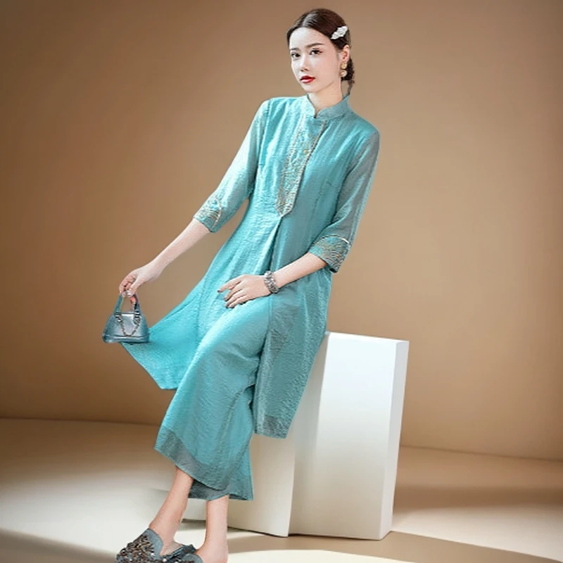 2025夏季民族风刺绣时尚休闲复古风改良旗袍长上衣阔腿裤两件套女