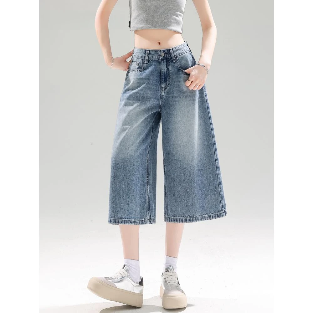 美式复古牛仔短裤女夏季薄款高腰宽松显瘦七分直筒阔腿裤百搭休闲