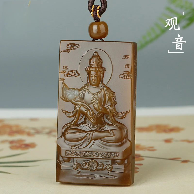 和田玉观音老红糖纯糖正装持荷观自在菩萨山水牌吊坠