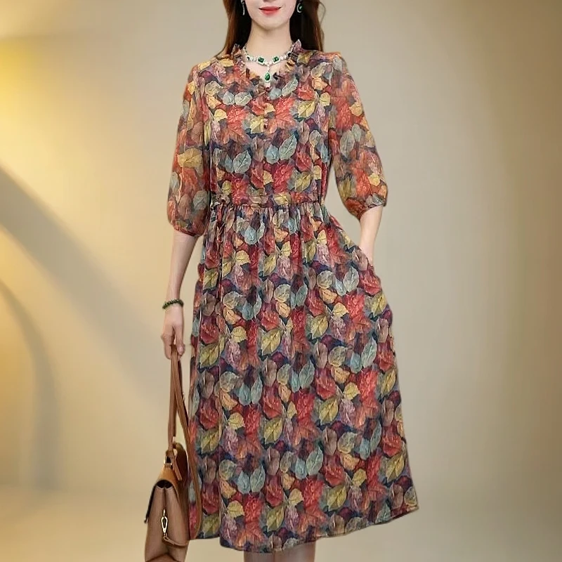 夏季显瘦连衣裙气质国风中式收腰复古时尚五分袖大码中长款裙子