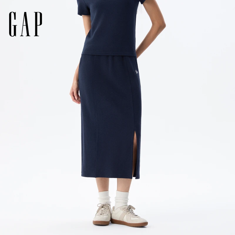 Gap女装2025夏季新款刺绣logo中长款松紧腰开叉半身裙卫裙 765832
