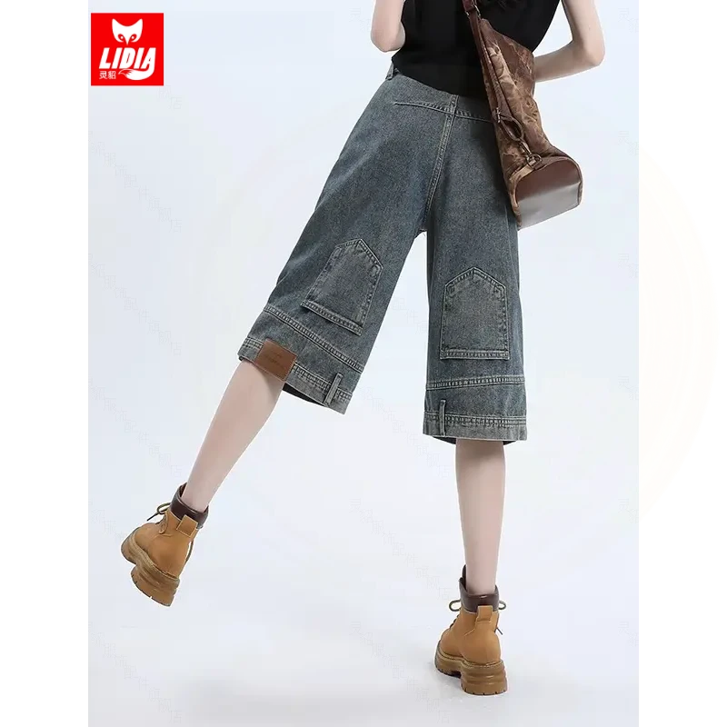 倒装牛仔短裤女夏季薄款大码慵懒风阔腿裤宽松显瘦小个子七分裤子