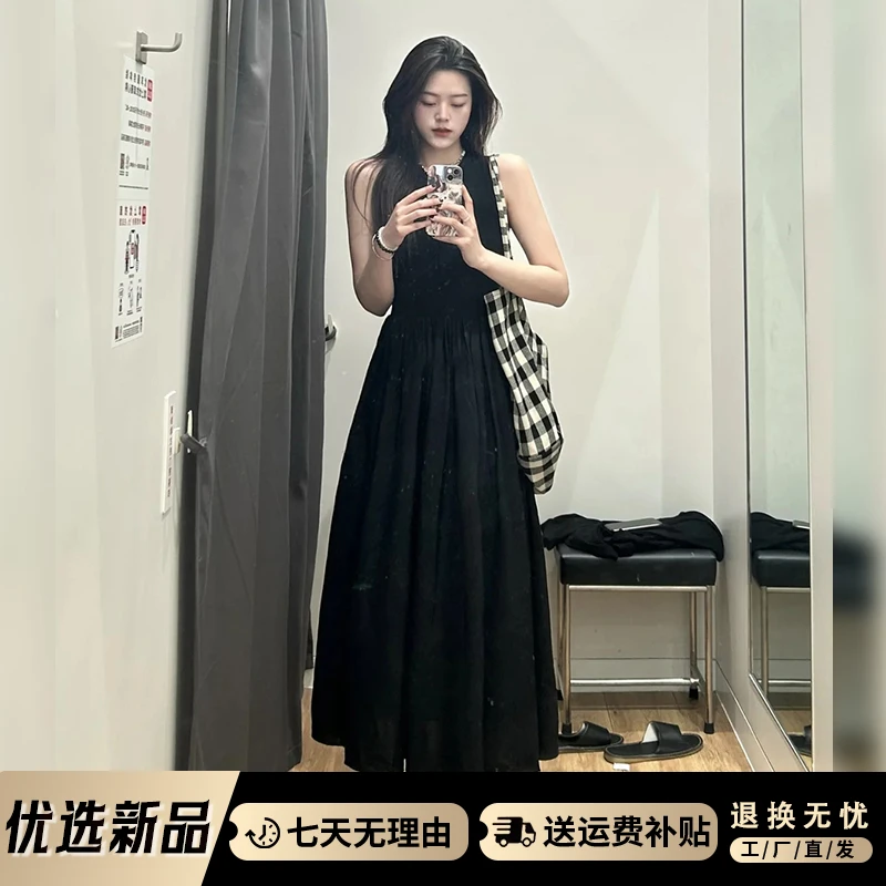 8630法式赫本风黑色背心连衣裙女初秋2025新款气质收腰长裙