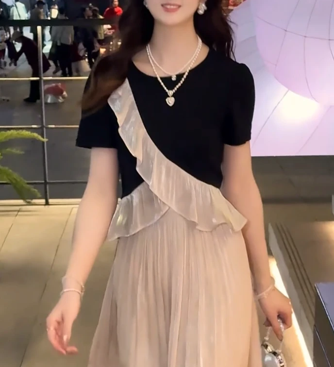 蔡小姐【上衣】拼接亲肤女T恤夏季高级感新款时尚洋气百搭花边短袖