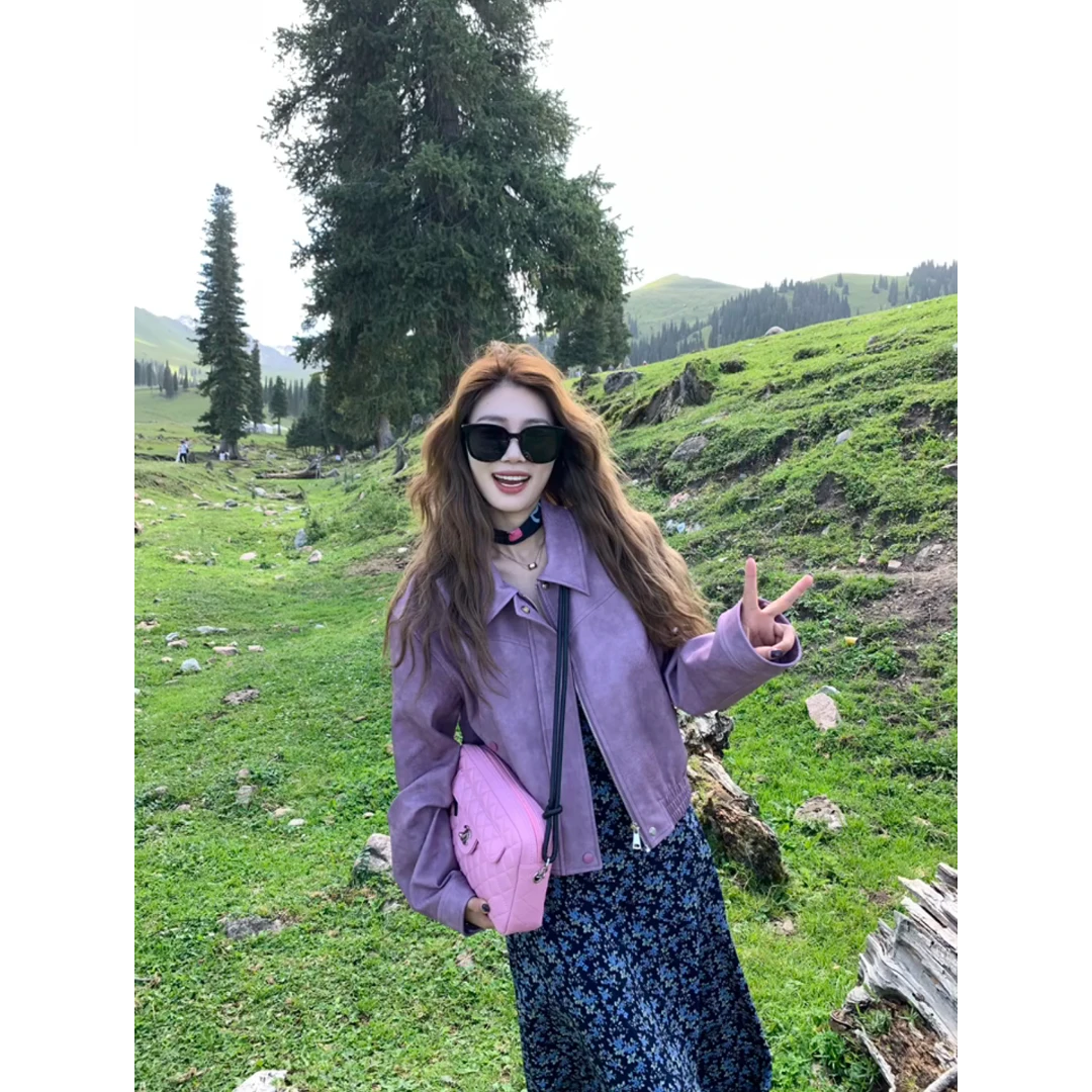 秋季新款美式紫色夹克外套上衣女内搭小个子碎花连衣裙气质两件套