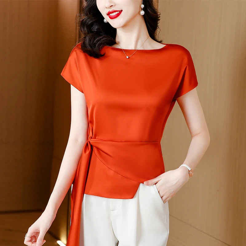 2025年夏季新款时尚洋气遮肚子收腰短袖不规则缎面宽松雪纺衫百搭