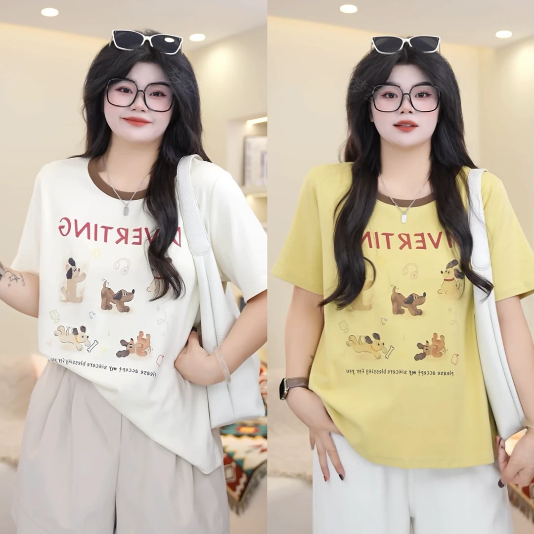 梦丞-胖mm大码女装夏季可爱潜水员小狗印花百搭简约显瘦短袖T恤女