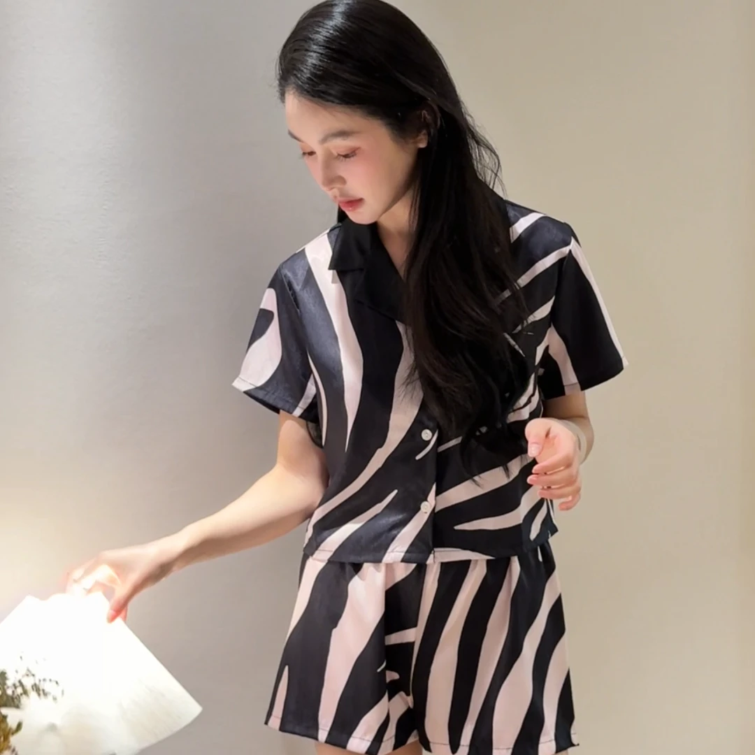 〈粉斑马〉高级御姐水波纹时尚设计感套装睡衣女