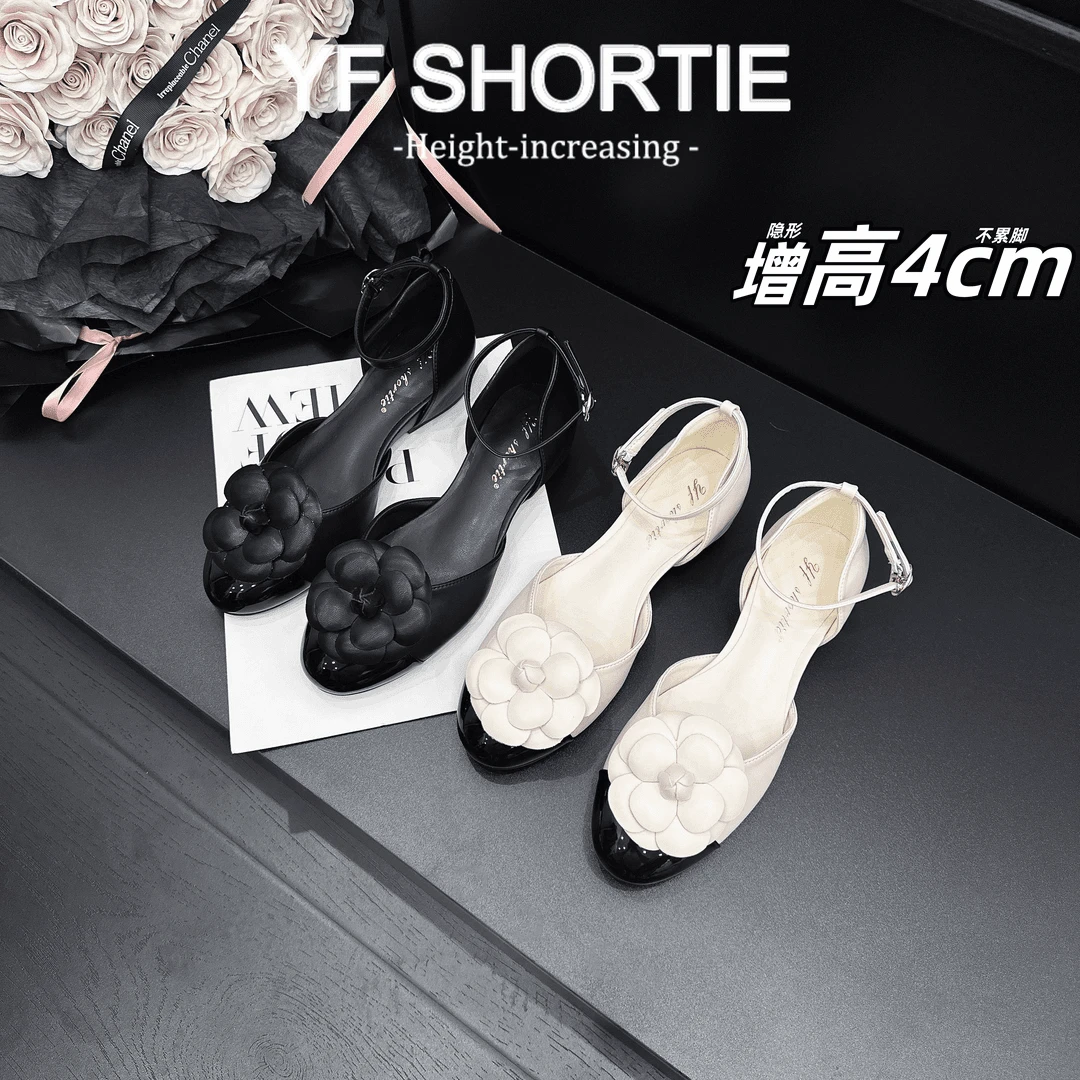 山茶花小香风一字带圆头平底中空凉鞋女2025新款夏季时尚百搭单鞋