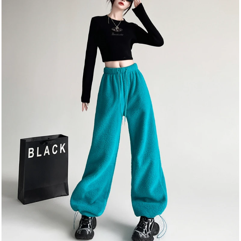 2025秋冬爆款摇粒绒运动裤女高腰宽松休闲束脚卫裤加绒加厚阔腿裤