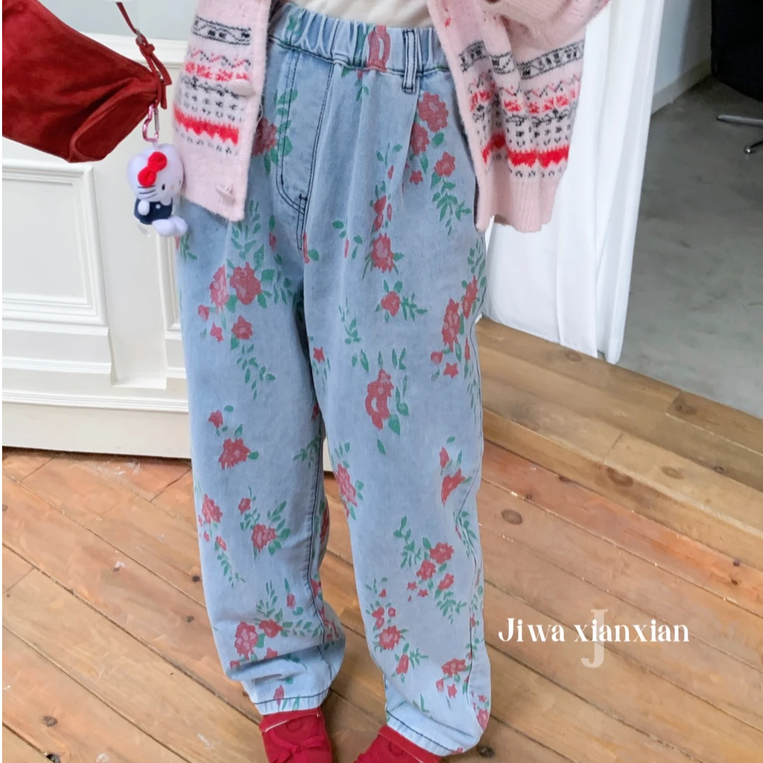 【纯熙+】15396早春新款满印花朵牛仔裤女宽松洋气阔腿裤