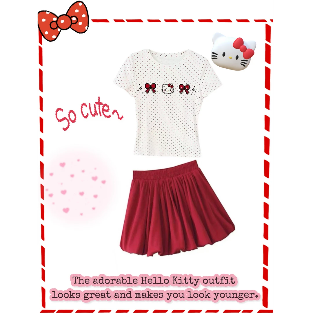 【清仓俩件套】小众露肩kitty猫刺绣波点短袖T恤显瘦半身裙短裙套装