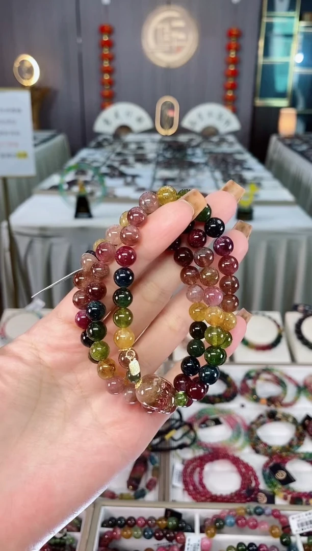 未镶嵌老矿碧玺色标彩虹透体三圈手串7mm+碧玺dan多样性发货一条