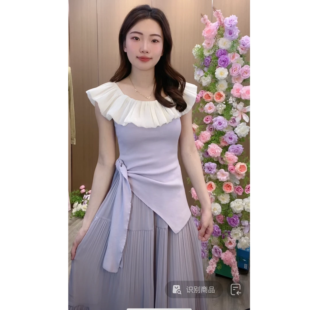 3法式一字肩荷叶边拼接针织小众女夏季不规则修身纯欲小衫上衣956