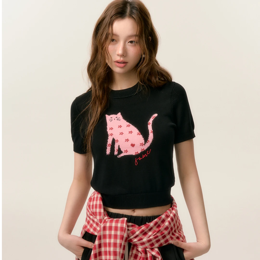 SOMESOWE 短款街头宽松幸运猫咪短袖针织衫上衣女2025春夏新品