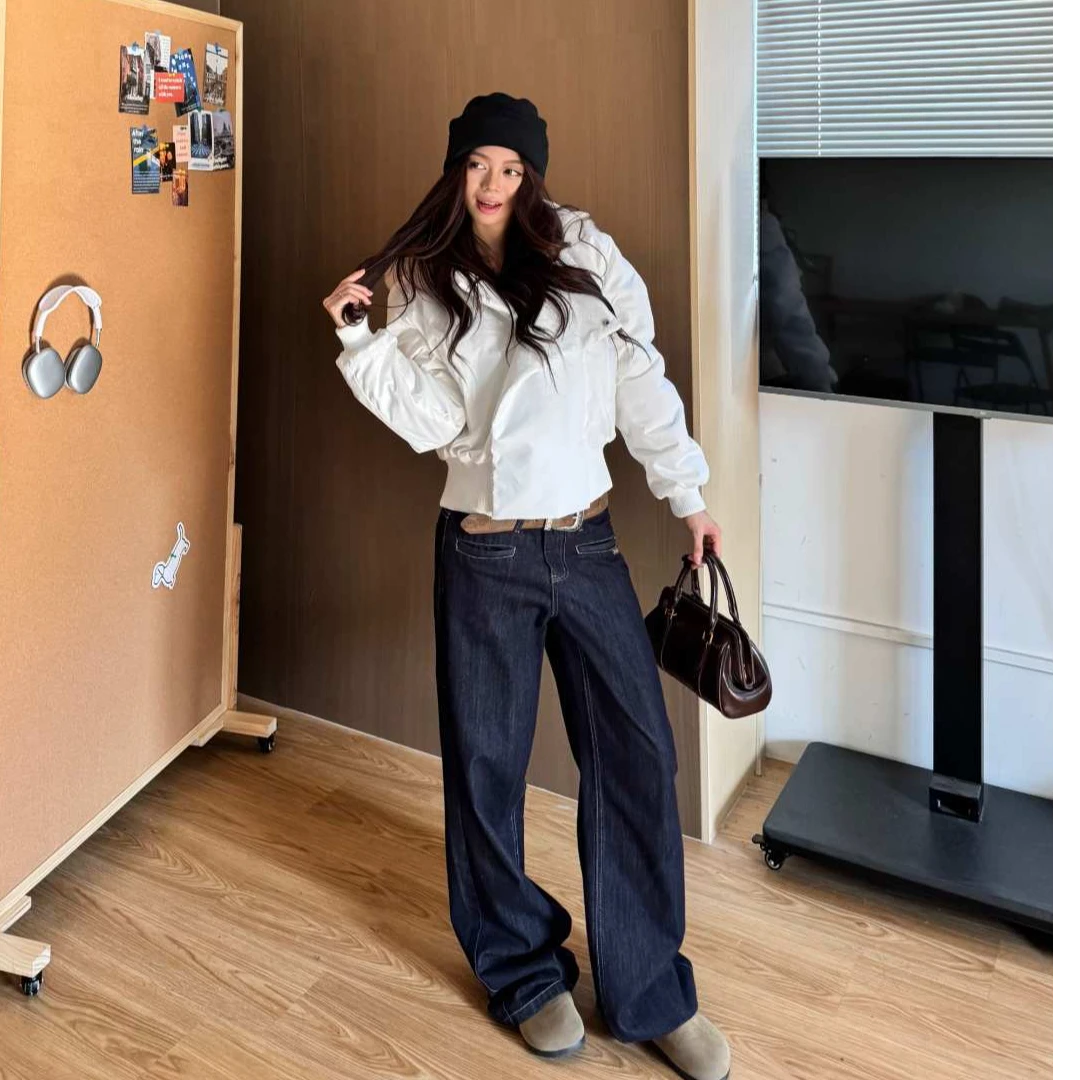 WANWAN同款厚款棉服毛领设计短款常规袖翻领连帽宽松极简风