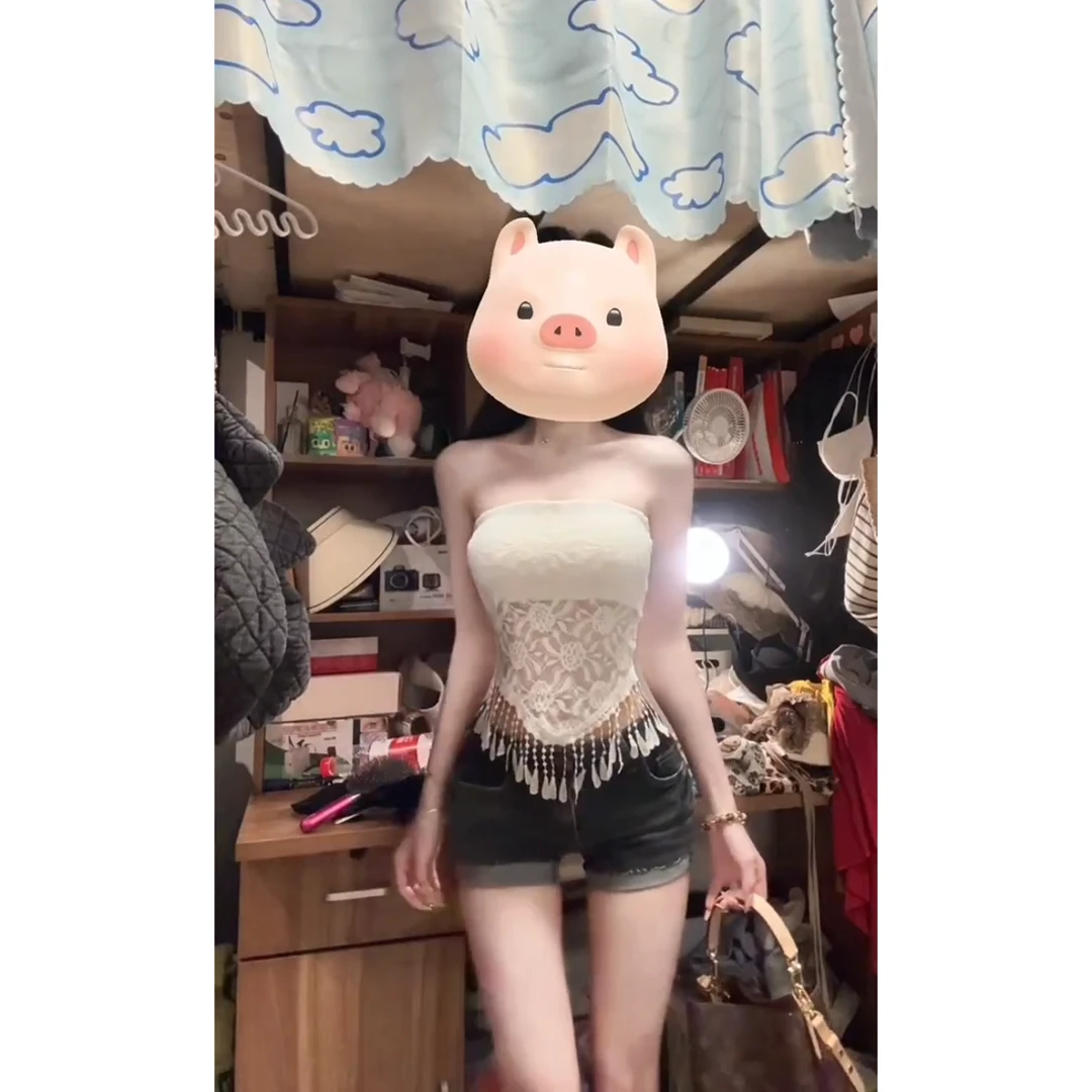 2025夏季新款甜辣风蕾丝抹胸短款上衣搭高腰显瘦牛仔短裤两件套女